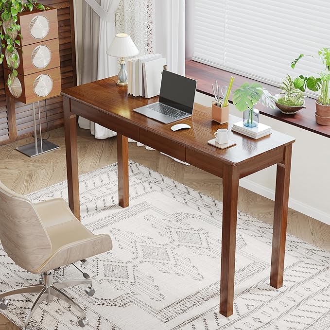 100% Solid Wood Desk with Drawers 47 x 16 Inch Mid Century Modern Desk Vintage Small Writing Wooden Desks for Small Spaces Bedroom, Living Room, Office