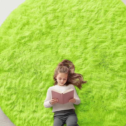 OLANLY Lime Green Round Rugs for Bedroom - Machine Washable, 9 ft Circle Area Rugs for Living Room, Soft and Fluffy Shaggy Carpet for Teen Girl and Boys, Nursery Rooms, Dorms, Home Decor Aesthetic