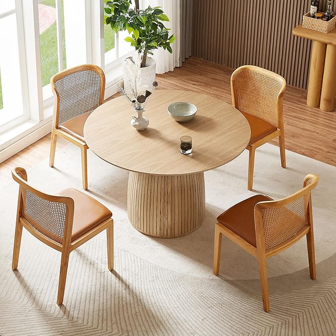 47.24" Round Dining Table for 4 6 People, Modern Farmhouse Wood Dining Room Table with Circle Table Top & Fluted Circular Drum Pedestal Base for Kitchen, Restaurant, Café, Oak