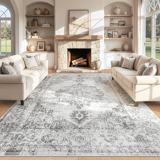 Area Rug 8x10 Vintage Rugs: Large Washable Indoor Medallion Rug Low Pile Distressed Floor Carpet Retro Accent Rugs for Living Room Bedroom Kitchen Dining Table Home Office(Grey, 8'x10')