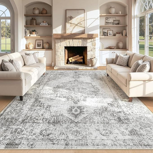 Area Rug 8x10 Vintage Rugs: Large Washable Indoor Medallion Rug Low Pile Distressed Floor Carpet Retro Accent Rugs for Living Room Bedroom Kitchen Dining Table Home Office(Grey, 8'x10')