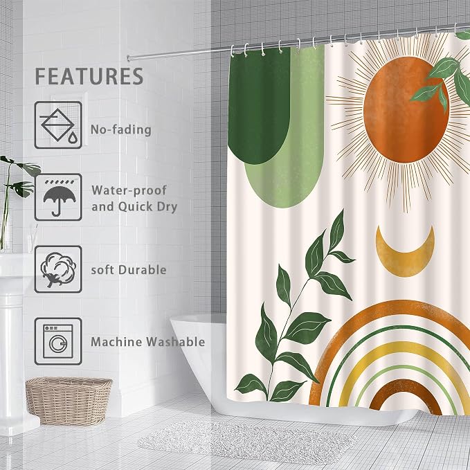 Mid Century Abstract Boho Aesthetic Shower Curtain Set, Green Nature Leaf Sun Modern Minimalist Home Bathroom Curtain Decor with 12 Hooks 84 Inch Wide * 72 Inch High