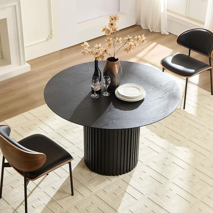 JUSTONE 46 inch Round Dining Table Black, Mid Century Modern MDF Top Pedestal Base Kitchen Table Seats 4 for Dining Kitchen Living Room
