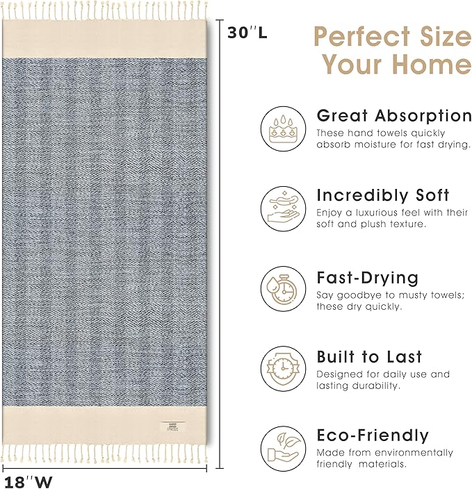 Hand Towels - Set of 2 | 18" x 30" - Decorative Turkish Hand Towel for Bathroom, Kitchen, Guest, Face, Hair, Tea, Dishcloth (Herringbone, Baby Blue)