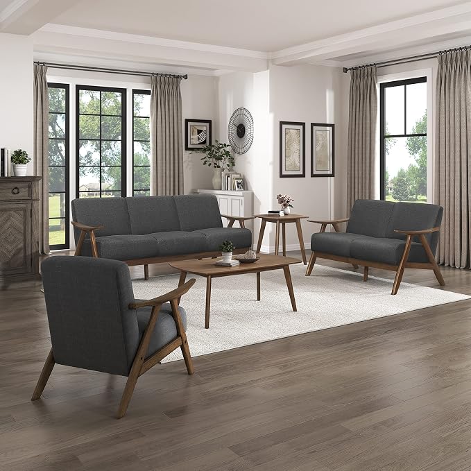 Lexicon Mid Century Modern Accent Chair with Solid Wood Frame in Walnut Finish, Upholstered Living Room Lounge Arm Chair, Thick and Comfy Innerspring Seat Cushion, Linen-Look Fabric, Dark Grey