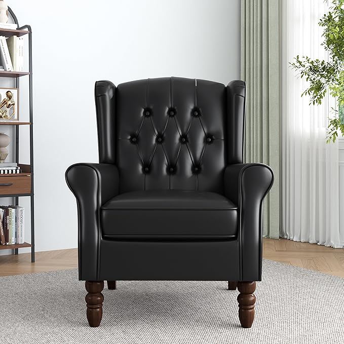 Faux Leather Accent Chair, High Back Upholstered Chair with Button Tufted, Mid-Century Modern Comfy Wingback Chair Reading Armchair for Living Room for Bedroom, Office-P Black