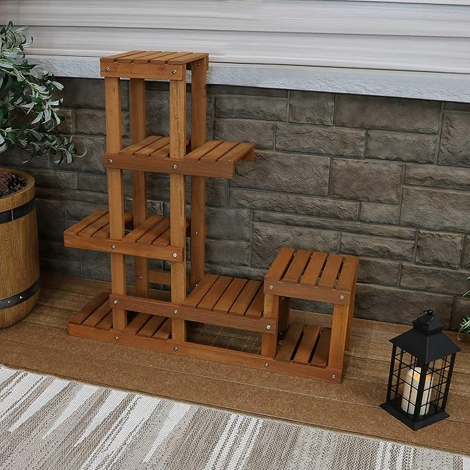 Sunnydaze 36-Inch Meranti Wood Indoor/Outdoor Multi-Tiered Plant Stand with Teak Oil Finish
