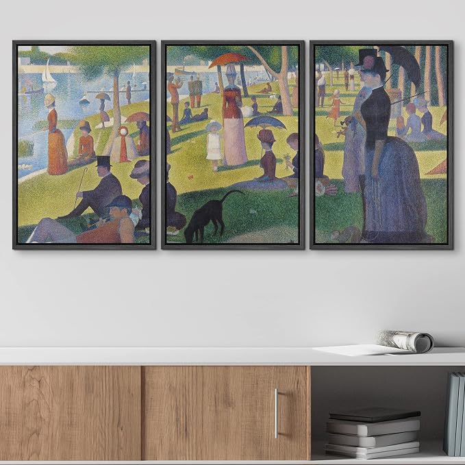 wall26 Framed Canvas Print Wall Art Set La Grande Jatte by Georges Seurat Cultural Historic Oil Painting Fine Art Reproduction Scenic Colorful for Living Room, Bedroom, Office - 24"x36"x3 Black