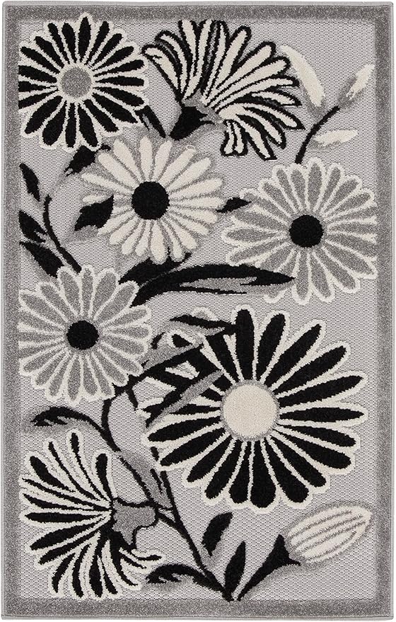 Nourison Home Aloha Black White 2'8" x 4' Area Rug - Easy Clean, Non Shedding, Bed Room, Living Room, Dining Room, Kitchen (3' x 4')