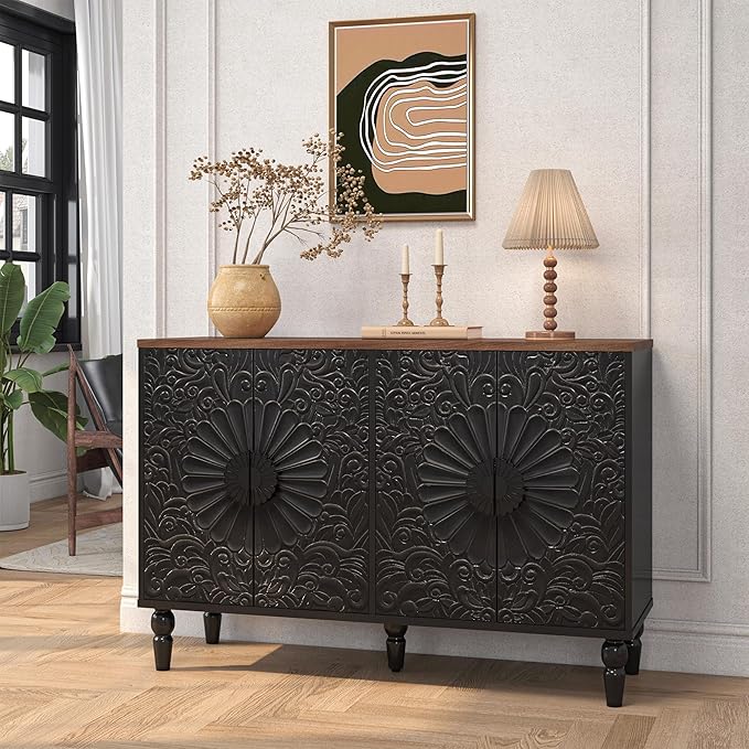 Sideboard Buffet Cabinet with Storage, Accent Cabinet with 4 Vintage Carved Flower Pattern Doors, Decorative Wood Credenza for Living Room, Hallway, Dining Room, Kitchen, Black