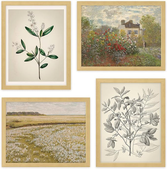 SIGNWIN Framed Poster Bathroom Decor 11"x14"x 4 Natural, Wall Art Room Decor Multicolor for Living Room, Bedroom, Office Autumn Spring Rustic Flower Landscape Classic Vintage Retro Illustrations