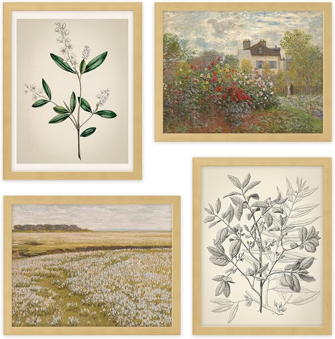 SIGNWIN Framed Poster Bathroom Decor 8"x10"x 4 Natural, Wall Art Room Decor Multicolor for Living Room, Bedroom, Office Autumn Spring Rustic Flower Landscape Classic Vintage Retro Illustrations