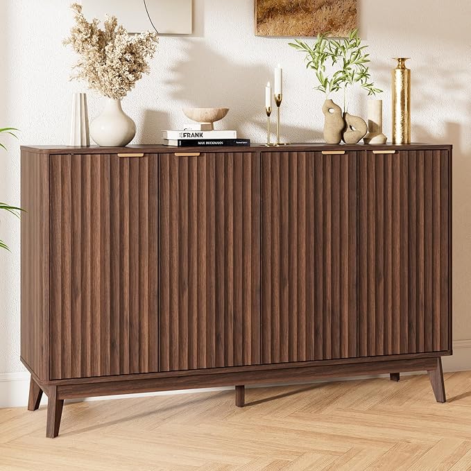 Buffet Cabinet, 55'' Walnut Coffee Bar Cabinet with Storage, Modern Fluted Sideboard Cabinet with Adjustable Shelf & Doors, Accent Credenza for Kitchen, Living Room, Entryway, Hallway
