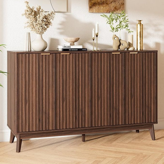 Buffet Cabinet, 55'' Walnut Coffee Bar Cabinet with Storage, Modern Fluted Sideboard Cabinet with Adjustable Shelf & Doors, Accent Credenza for Kitchen, Living Room, Entryway, Hallway