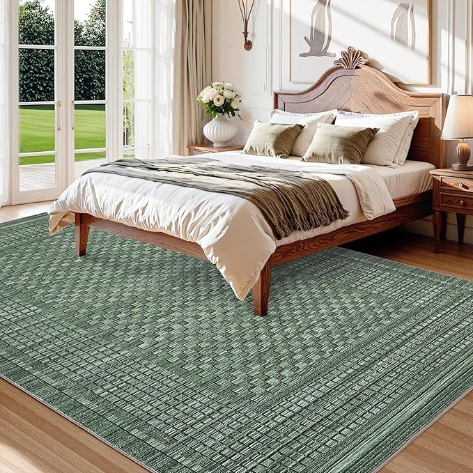 Washable Rug 5x7 Area Rug for Living Room Bedroom Rug Modern Contemporary Large Area Rug Non Slip Throw Rugs Soft Faux Wool Low Pile Stain Resistant Carpet for Dining Room 5'x7' Green