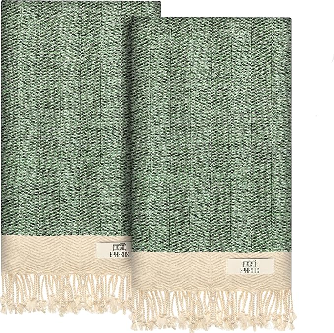 Hand Towels - Set of 2 | 18" x 30" - Decorative Turkish Hand Towel for Bathroom, Kitchen, Guest, Face, Hair, Tea, Dishcloth (Herringbone, Apple Green)