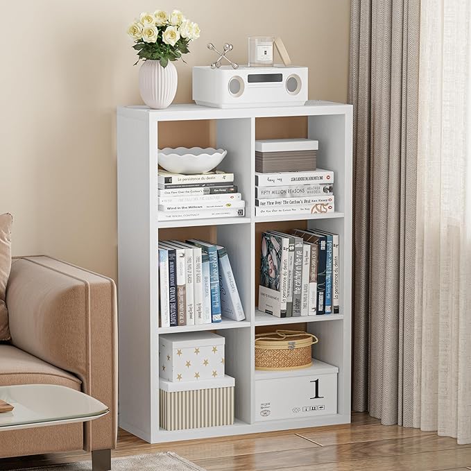 VDNEND Cube Storage Organizer Bookcase, Decorative 11 inch Open Back Cubical Shelf with Thickened Border, Display Bookshelf for Living Room, Home Office, Sturdy Room (White, 6 Cube)