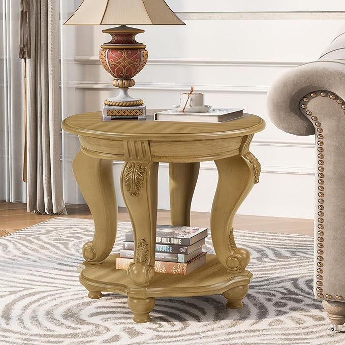 22'' Round End Table Solid Wood Sofa Side Table with Storage Shelf, Antique Natural Living Room Corner Table Retro Accent Table, Easy Assemble Round Bedside Table Night Stand for Small Space