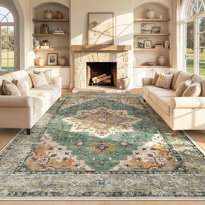 Area Rug 8x10 Vintage Rug: Large Washable Indoor Medallion Rugs Low Pile Distressed Floor Carpet Retro Accent Rug for Living Room Bedroom Kitchen Dining Table Home Office(Brown Green, 8'x10')