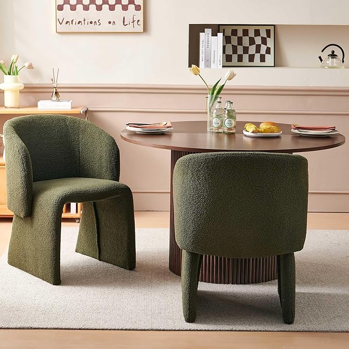 NORDICANA 3-Piece Round Dining Table Set for 2, Rustic 47-Inch Kitchen Table and Chair Set, Dining Set with Dark Green Upholstered Armchairs, Manufactured Wood Top with Walnut Veneer