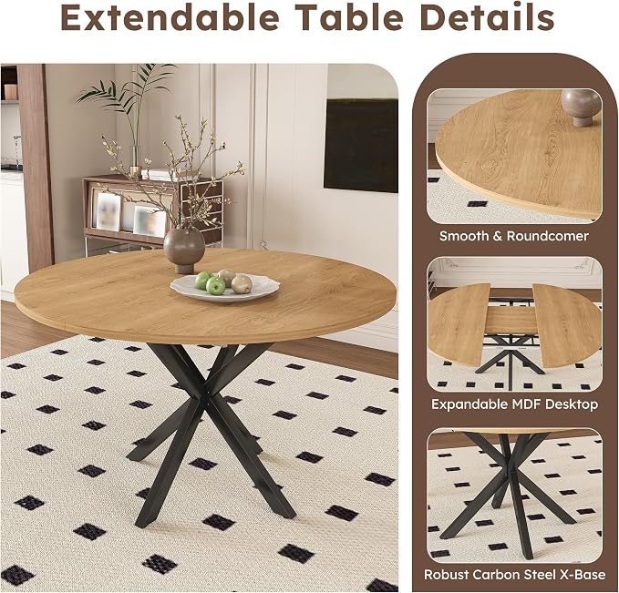 43"-59" Extendable Round Dining Table for 4-6,Mid Century Modern Wood Grain Table,Expandable Kitchen Table for Small Spaces
