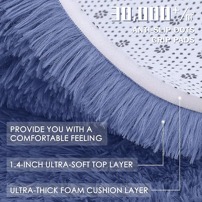 OLANLY Denim Blue Round Rugs for Bedroom - Machine Washable, 8 ft Circle Area Rugs for Living Room, Soft and Fluffy Shaggy Carpet for Teen Girl and Boys, Nursery Rooms, Dorms, Home Decor Aesthetic