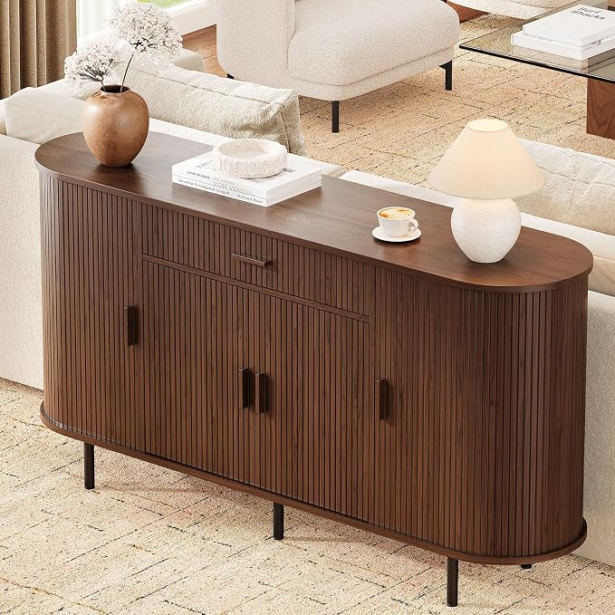 ONBRILL 63“ Sideboard Buffet Cabinet with Storage, Sideboard with 1 Drawer & 2 Door Shelves, Mid-Century Modern Kitchen Cabinets with Sliding Door, Coffee Bar Cabinet for Kitchen, Living Room, Walnut