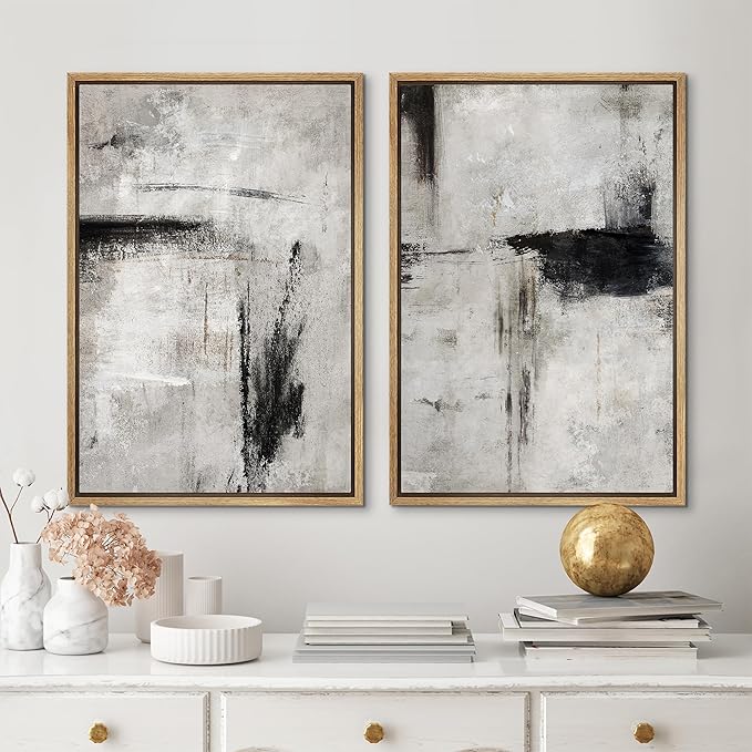 MUDECOR Framed Canvas Print Wall Art Grey Black Abstract Shape Illustrations Modern Art Decorative Bohemian Colorful Chic for Living Room, Bedroom, Office - 16"x24"x2 Natural