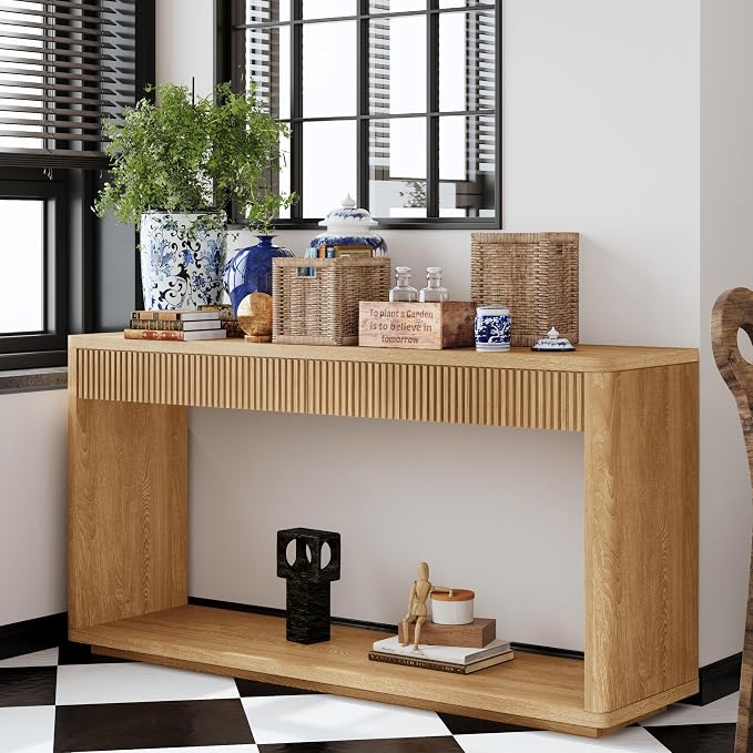 Wood Console Table, 59.8" Retro Long Sofa Table Behind Couch with 2 Fluted Drawers, Farmhouse Wooden Narrow Sofa Table Hall Table for Living Room Foyer Entrance Entryway, Natural