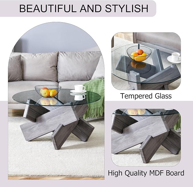 Round Glass Top Coffee Tables, 33.4 Inch Gray Coffee Table with Crossed Legs, Modern Mid Century Round Coffee Tables for Living Room, Circle Glass Coffee Tables for Living Room