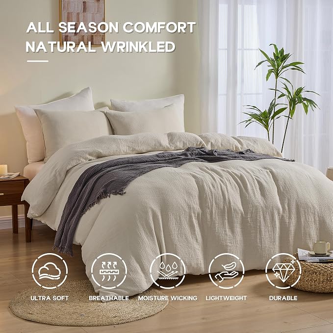 Simple&Opulence Linen Muslin Duvet Cover Set Queen Size, 3Pcs Grey Linen Cotton 3-Layer Gauze Minimalist Comforter Cover 88”x92”, Ultra Soft Breathable Seersucker Bedding Set with 2 Pillowcases