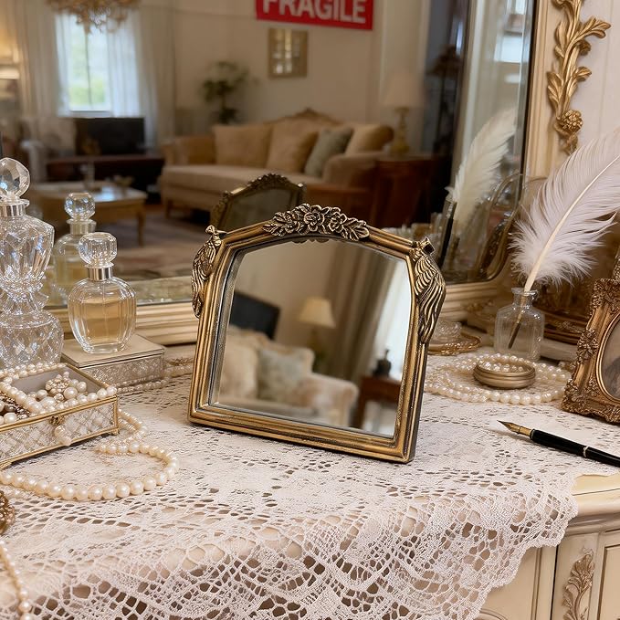 Vintage Vanity Desk Mirror -7x8Inch Wall-Mounted & Tabletop Decorative Ornate Gold Accent Retro Makeup Mirror for Bedroom Dresser Living Room Bathroom Dorm Champagne Gold