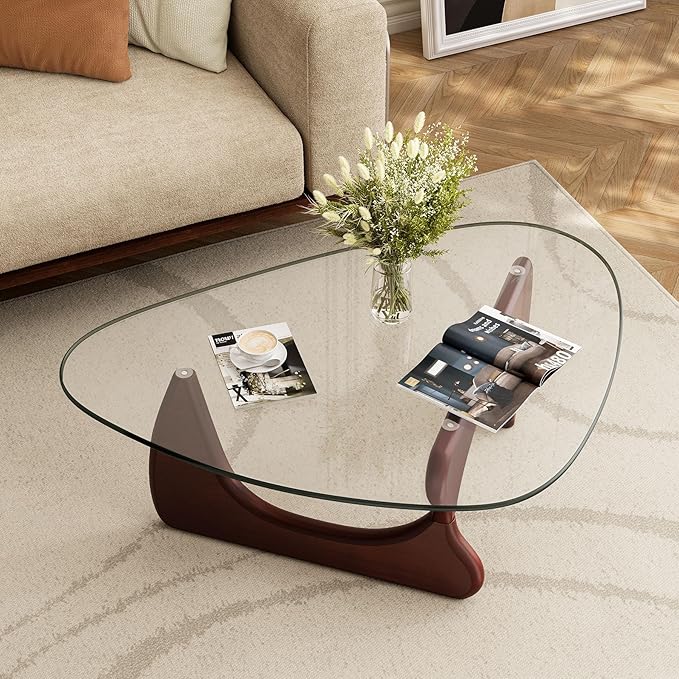 Modern Glass Coffee Table, Mid Century Triangle Coffee Table for Living Room Bedroom Reception Office Tables (Dark Walnut, Small (32.3"x22.8"x16.1"))