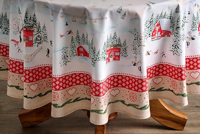 Maison d' Hermine Table Cloth Round Table 100% Cotton 63 Inches Fall Tablecloth Reusable Everyday Use for Thanksgiving Christmas Decorations Dining Farmhouse Party (Rural Christmas)