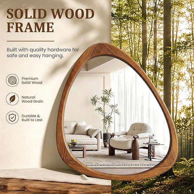 Asymmetrical Mirror, 24"x19" Unique Irregular Wall Mirror, Wood Mid Century Modern Mirror Decor for Bathroom Bedroom Living Room Entryway Hallway (Natural Wood)