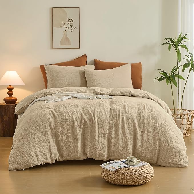 Simple&Opulence Linen Muslin Duvet Cover Set Twin Size, 3Pcs Camel Linen Cotton 3-Layer Gauze Minimalist Comforter Cover 68”x86”, Ultra Soft Breathable Seersucker Bedding Set with 1 Pillowcase