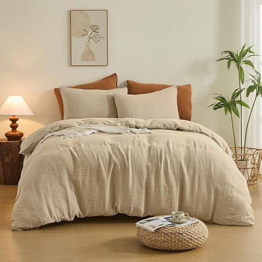 Simple&Opulence Linen Muslin Duvet Cover Set Queen Size, 3Pcs Camel Linen Cotton 3-Layer Gauze Minimalist Comforter Cover 88”x92”, Ultra Soft Breathable Seersucker Bedding Set with 2 Pillowcases