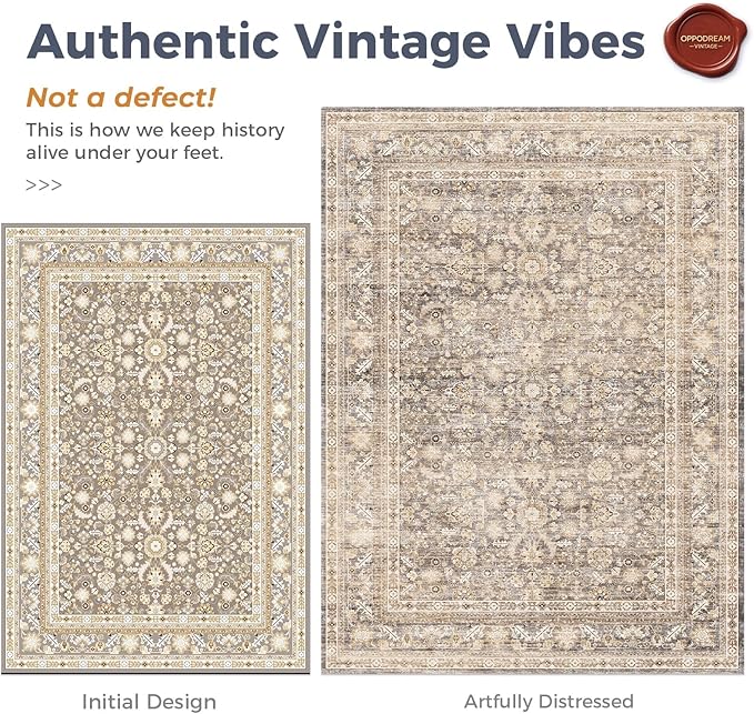 OPPODREAM Vintage Beige Area Rugs 3x5, 3 x 5 Retro Washable Rug Non Slip, Low-Pile Faux Wool Carpet, Distressed Tan Floor Mat for Living Room, Bedroom, Kitchen, Office, Dorm, Dinning Room