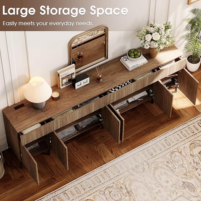 WAMPAT 94.5" Large Sideboard Buffet Cabinet with 4 Drawers & 5 Doors, 4-in-1 Fluted Storage Cabinet with Charging Station, Modern Buffet Table Coffee Bar Wine Bar Cabinet for Dining Room,Brown