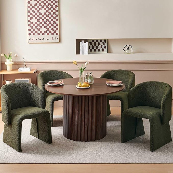 NORDICANA 5-Piece Round Dining Table Set for 4, Rustic 47-Inch Kitchen Table and Chair Set, Dining Set with Dark Green Upholstered Armchairs, Manufactured Wood Top with Walnut Veneer