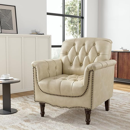 Faux Leather Club Chair, Retro Upholstered Armchair Accent Chair with Solid Wood Legs & Nailhead Trim for Living Room, Bedroom, Reading Room, Beige