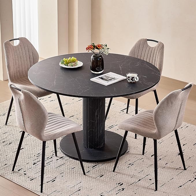 47" Round Dining Table for 4, [Cylinder Pedestal Base] [Stone-Patterned] Modern Circle Dinner Table for Kitchen Dining Living Room, Black Marble Patterned