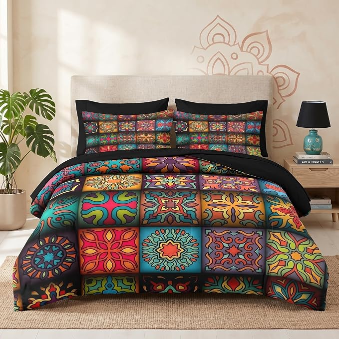 Pamnest Comforter Set Queen Size, Colorful Vintage Floral 7 Pcs Bedding for Kids and Adults, Mandala Bohemian Bed Sheet Sets with Fitted Sheet 2 Pillowcases & 2 Shams for Bedroom Bed Decor