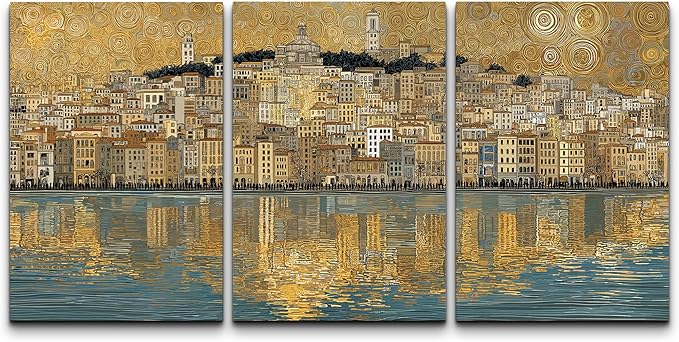 wall26 Canvas Print Wall Art Set Golden Cityscape Reflection Gustav Klimt Inspired Coastal TownDecorative Minimal Relax/Zen for Living Room, Bedroom, Office - 24"x36" x 3