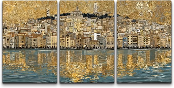 wall26 Canvas Print Wall Art Set Golden Cityscape Reflection Gustav Klimt Inspired Coastal TownDecorative Minimal Relax/Zen for Living Room, Bedroom, Office - 16"x24" x 3