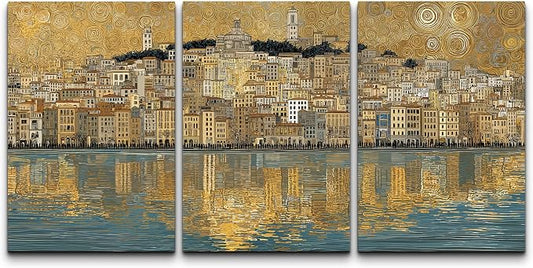 wall26 Canvas Print Wall Art Set Golden Cityscape Reflection Gustav Klimt Inspired Coastal TownDecorative Minimal Relax/Zen for Living Room, Bedroom, Office - 16"x24" x 3
