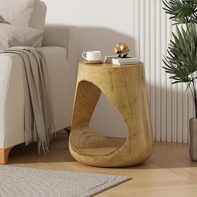 ø14.5'' Side Table End Table for Living Room, Modern Retro Farmhouse Countryside Style, Magnesium Oxide Material for Indoor & Outdoor, No Assembly, Wood Grain, Natural