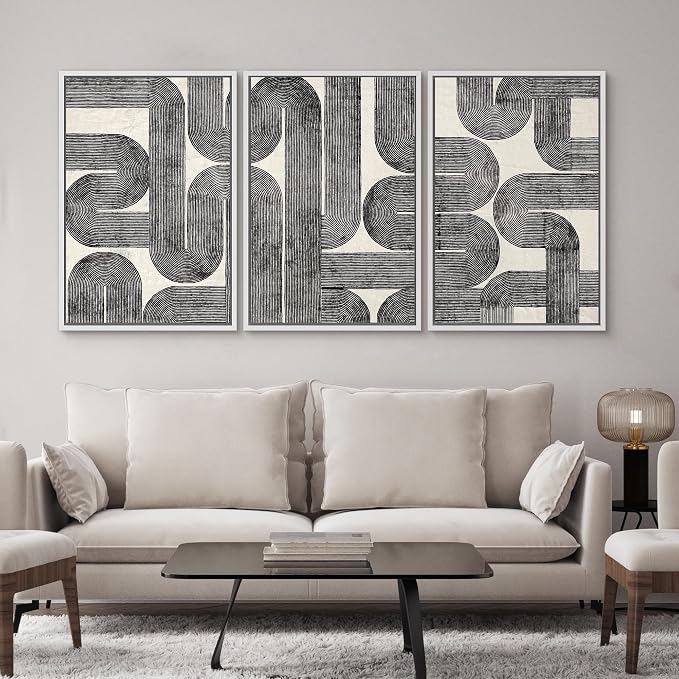 SIGNWIN Framed Canvas Print Wall Art Set Black and White Geometric Line Abstract Illustrations Modern Art Decorative Chic Calm/Zen for Living Room, Bedroom, Office - 24"x36"x3 WHITE