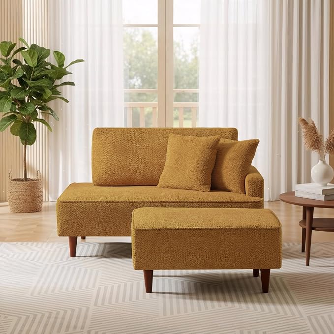 GDFStudio Upholstered Chaise Lounge Chair Indoor with Ottoman, Boucle Fabric Chaise Chair with 2 Throw Pillows and Solid Wood Legs, Recliner Lounge Chair for Office Living Room Bedroom, Orange