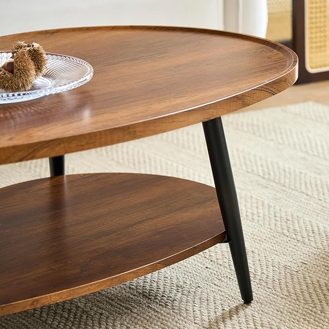 Shrine Mango-Shaped Wood Coffee Table, Mid-Century Modern Coffee Table, Brown Walnut Table for Living Room, D47.2''x W25''x H15.3'', Sleek Conical Metal Legs with Black Finish